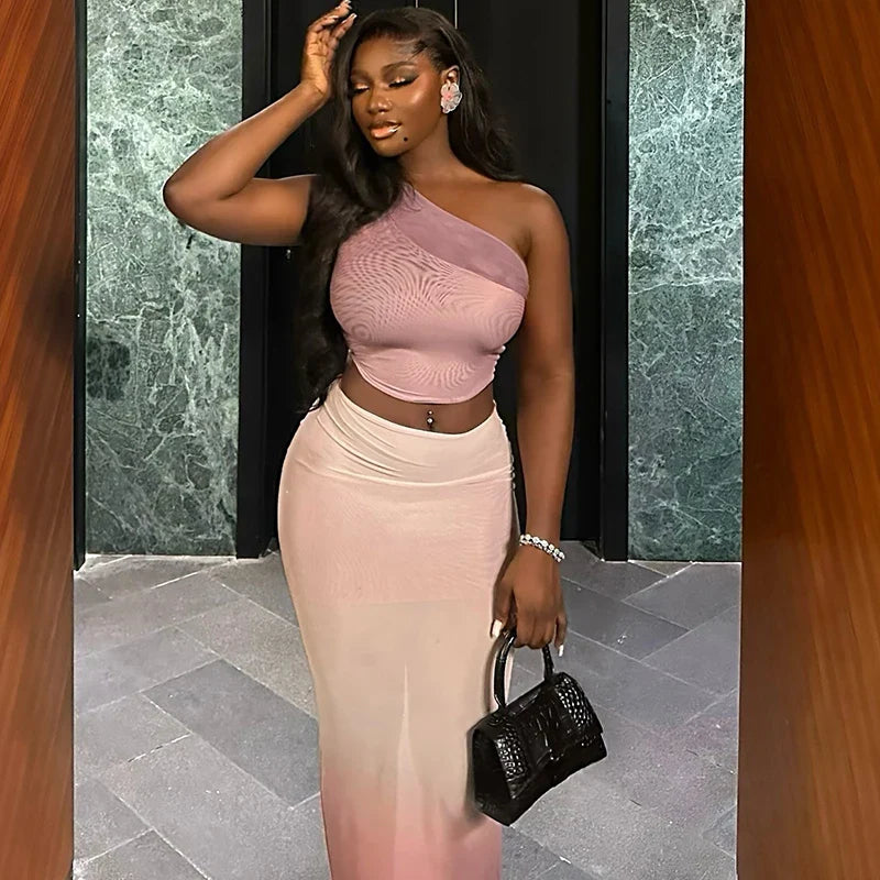 Gradient Women 2 Piece Set Elegant One-Shoulder Tank Tops+Double Deck Maxi Skirts Fashion Outfit