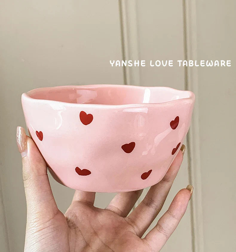 Pink Heart Pattern Ceramic Plate l Cup Bowl Dinner Tableware