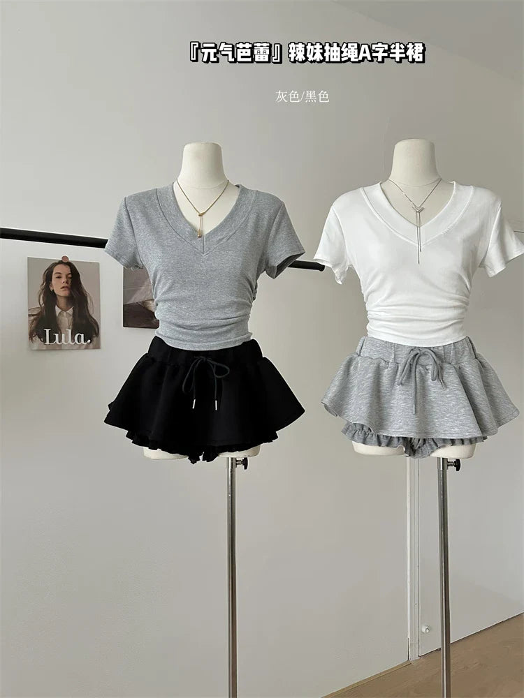 Women Preppy Elastic Waist Mini Skirt 2000s Coquette Design Shorts