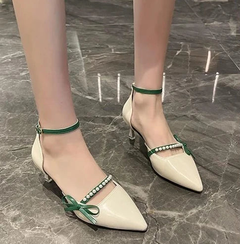 Women Pearl Pumps Heeled Pointed Toe with Side Bowknot