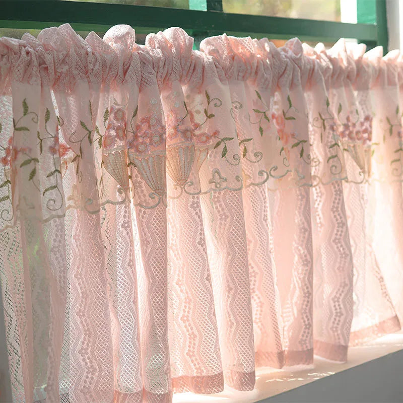 Pink Small Window Short Curtain Embroidery Floral Lace Half Window Curtains Sheer Tulle Home Decoration