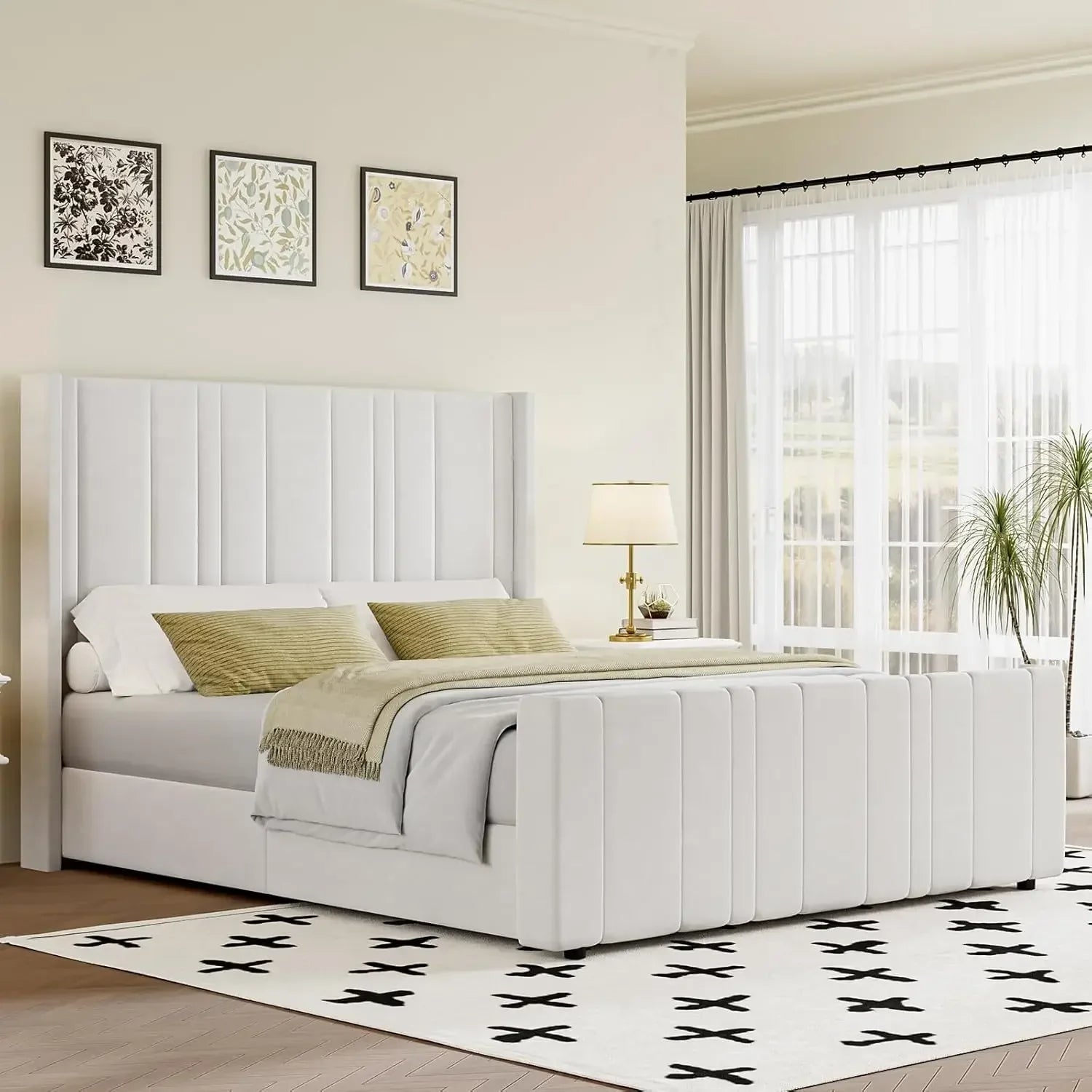 Soft Velvet Upholstered Bed Frame with Vertical Channel Tufted Wingback Headboard & Tall Footboard