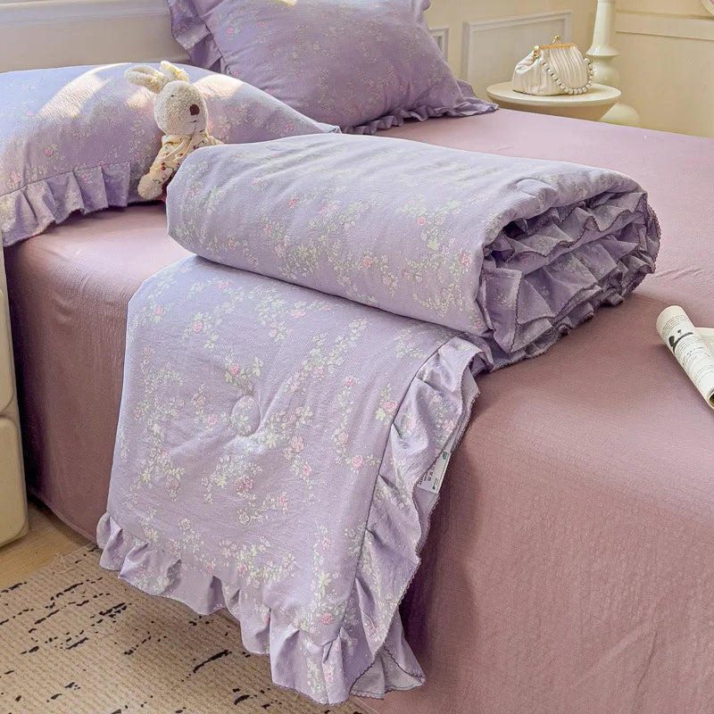 Korean Quilt with Lace and Ruffle Pure Cotton Patchwork Comforter for Summer Skin-Friendly Breathable Cooling Blanket for Home