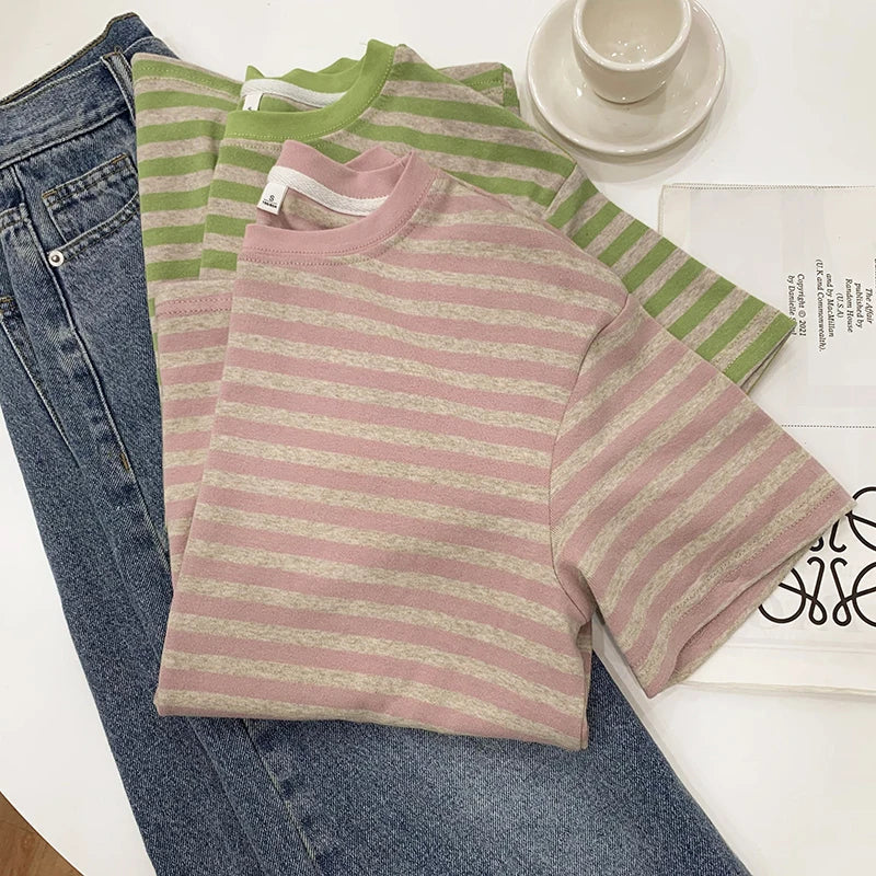 Summer Short Sleeve Striped T-Shirts Versatile Women Knitted Basic Casual Tops Female Cozy Loose Cotton Tees