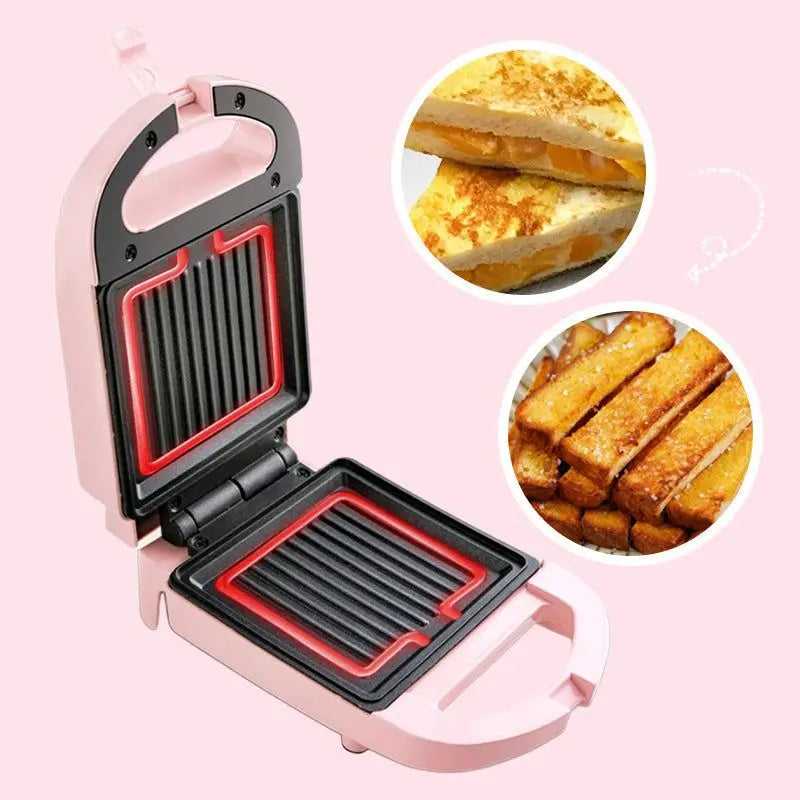 Portable Electric Sandwich Maker Home Multifunctional Machine Non-Stick Breakfast Maker Waffle Baking Pan Pot Pink Red Color