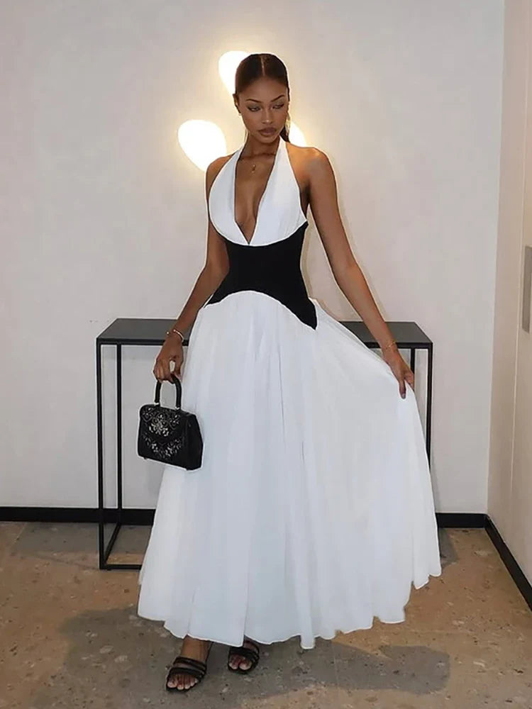 Contrast Patchwork Women Halter Low-Neck Backless Ruched Ruffles Hem Elegant Long Body-con Dress