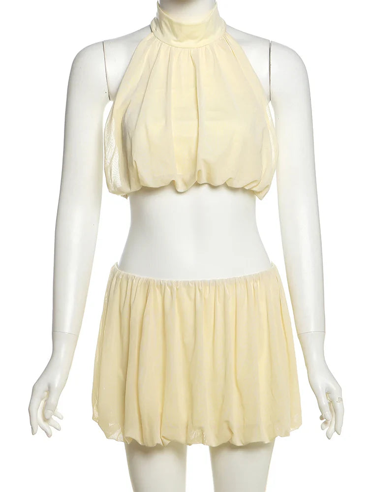 Ruched 2-Piece Set Women Halter Backless Elegant Tank Tops+Waist Skirts Solid Sexy Summer Matching Suits