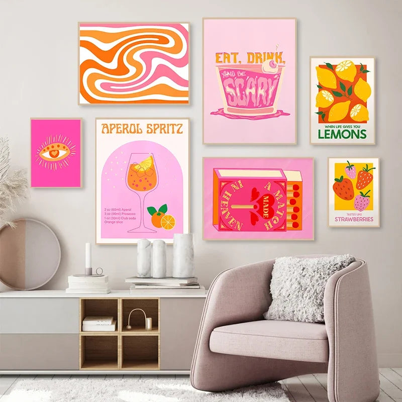 Pink Strawberry Lemon Card Cocktails Drink Posters Retro Canvas Painting
