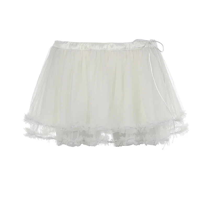 Coquette Tiered Ruffle Tulle Mesh Skirt Aesthetic Lace-up Low Waist A-line Mini