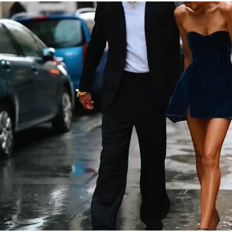 Fashion Velvet Blue Shiny A-line Party Dress Sexy Slim Backless Gathered Corsetry-inspired Dress Lady  High Streetwear New