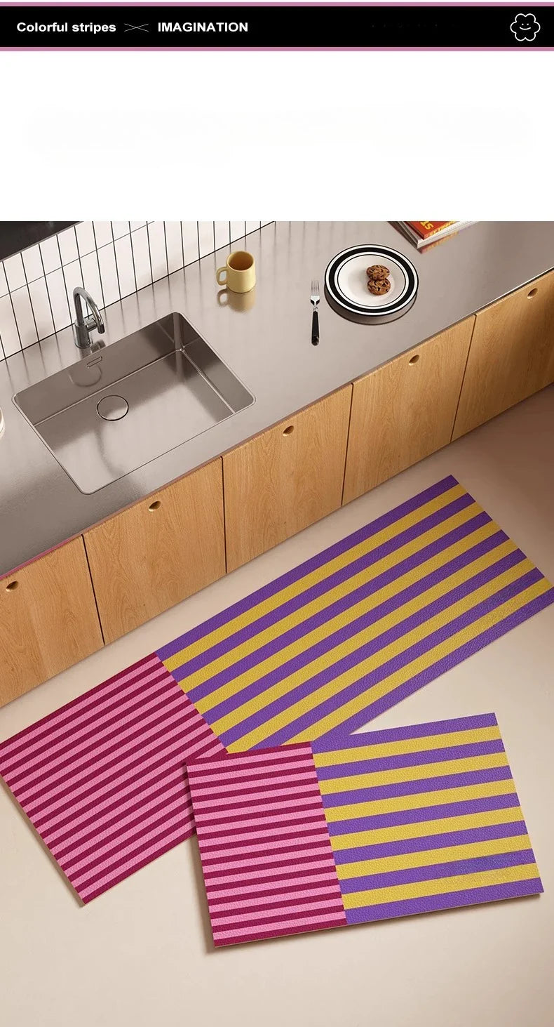Kitchen Carpet PVC Waterproof and Oil-proof Carpet Easy To Clean Cushioning Rugs Artistic Striped Decorative Carpet Mats