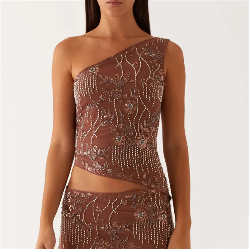 Women Y2k Sequin Sparkle Crop Tops Sexy One Shoulder Asymmetrical Backless Tank Top Glitter Beaded Rhinestone Slim Shirt