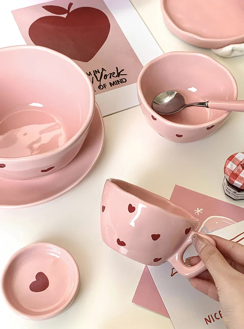 Pink Heart Pattern Ceramic Plate l Cup Bowl Dinner Tableware