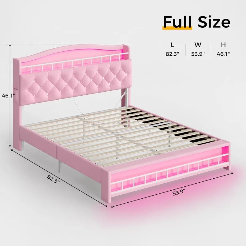 Pink Full Size Girls Bed with LED Lights & Charging Station, Princess Full Size Bed Frame with Hidden Storage Headboard