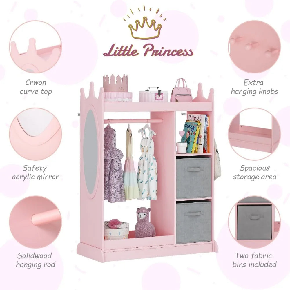 Kids Armoire Wardrobe Closet with Mirror and Storage Bin, Pink,  33.4 in W x 15.75 in D x 44.5 in H