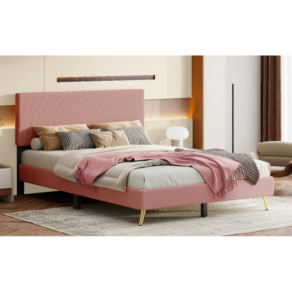 Pink 2 Pieces Bedroom Sets Queen Size Upholstered Bed Frame, Modern Corduroy Storage Ottoman