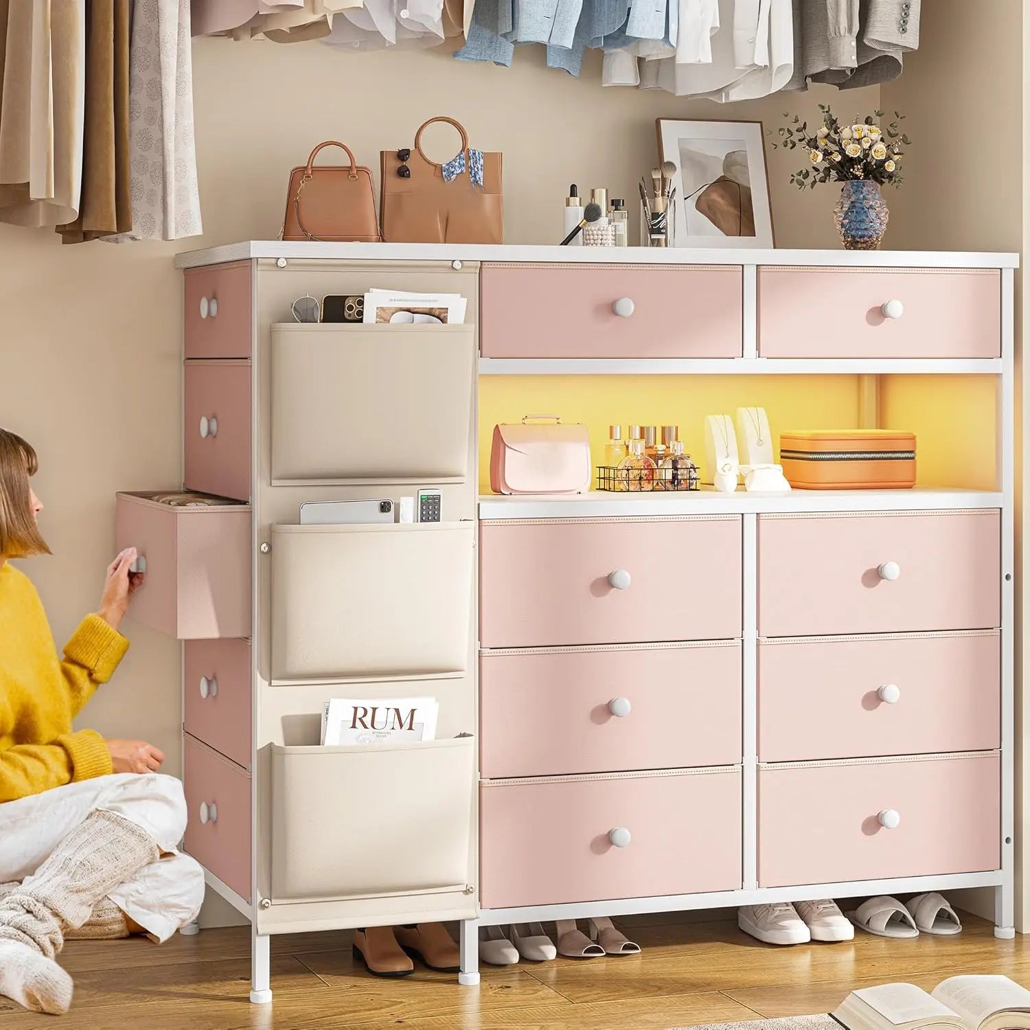 Pink Dresser For Bedroom With 13 Fabric Drawers And Led Lights, Closet Island With Drawers, Dressers & Chest Drawers