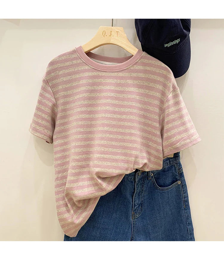 Summer Short Sleeve Striped T-Shirts Versatile Women Knitted Basic Casual Tops Female Cozy Loose Cotton Tees