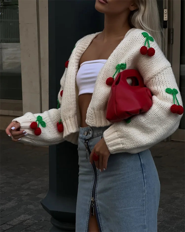 Knitted Cherry Sweaters Cardigan Long Sleeve Top Christmas Sweet Fairy Grunge Sweater Streetwear