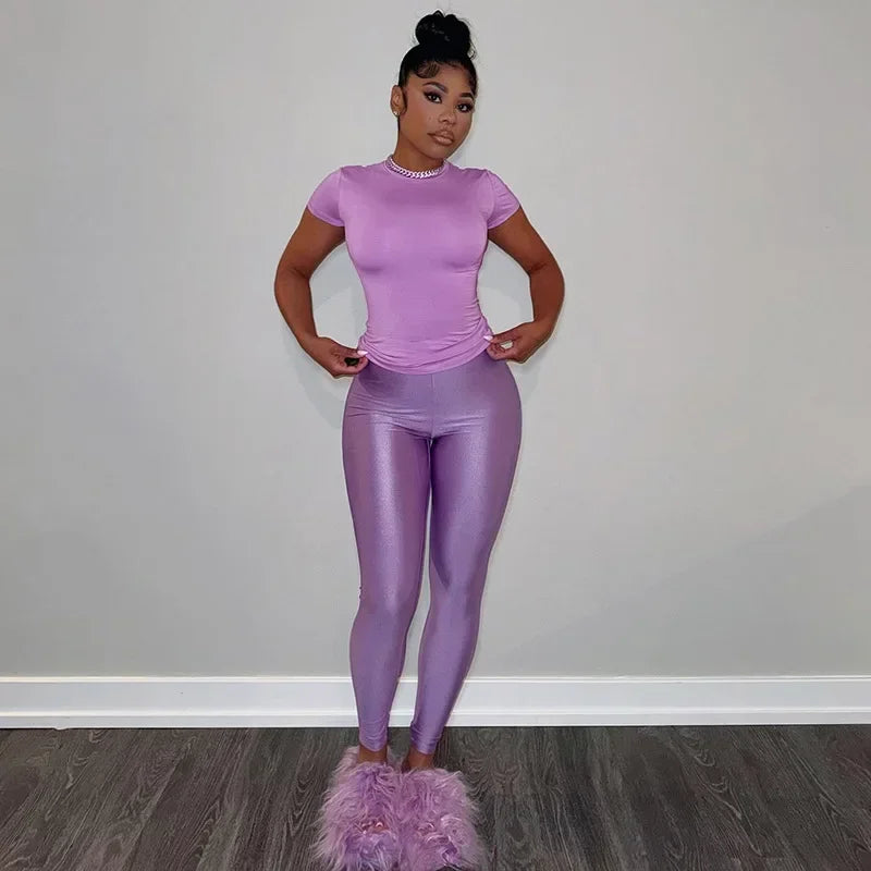 Casual Women 2 Piece Set Tracksuit Shorts Sleeve Crop Tops+Silky Leggings Matching