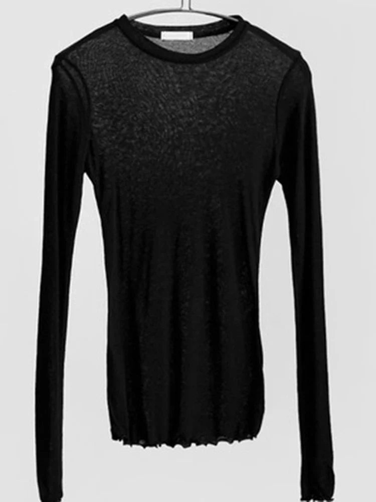 High Quality Plain T Shirt Women  Elastic Basic T-shirts Female Casual Tops Long Sleeve Sexy Thin T-shirt see through