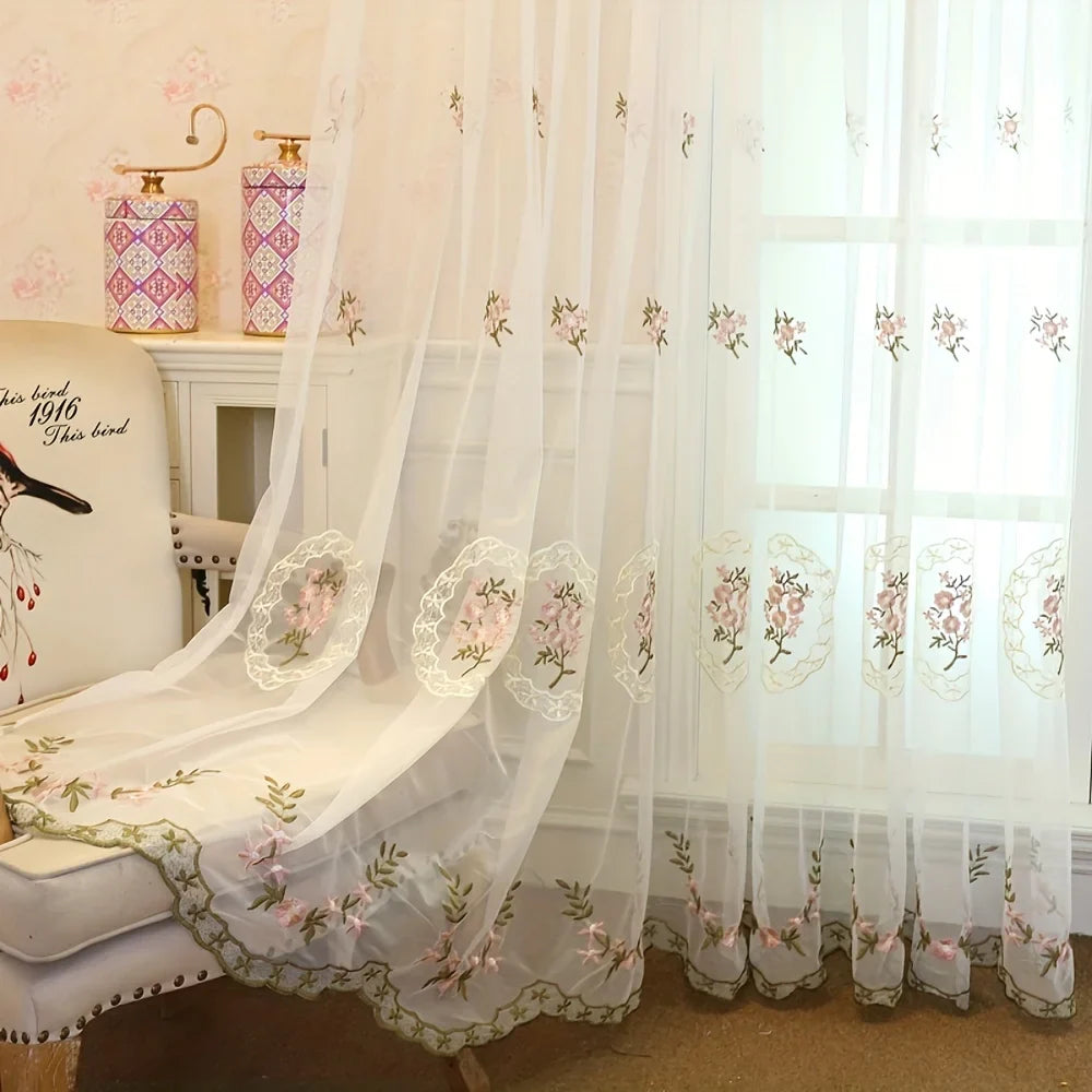Pink Lace Sheer Curtains Embroidered Window Treatment Pastoral Curtain Drapes Floral Voile Romantic Tulle Curtain