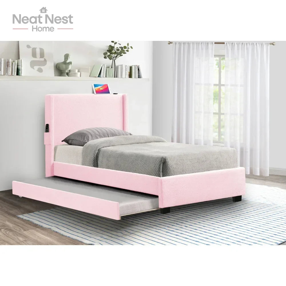 Pink Twin Size Bed Frame with Removable Trundle USB Functionality, Single Bed .Bedroom Furniture No Box Spring Required Bed Frame
