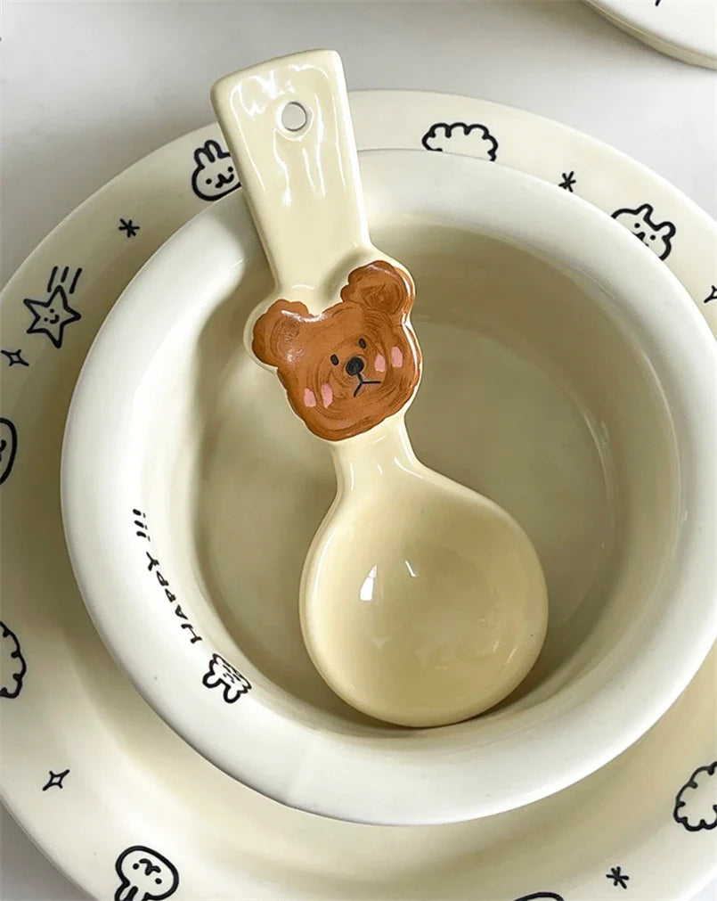 Ceramic Spoon Cute Heart Bear Cream Color