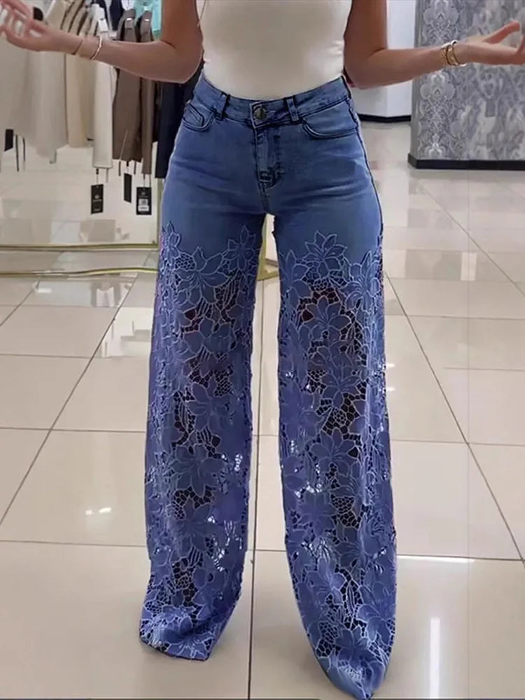 Vintage Hollow Out Lace Flowers Lady Jeans Loose Straight Denim Pants High Street Elegant Summer New Trousers Chic Fashion Pant