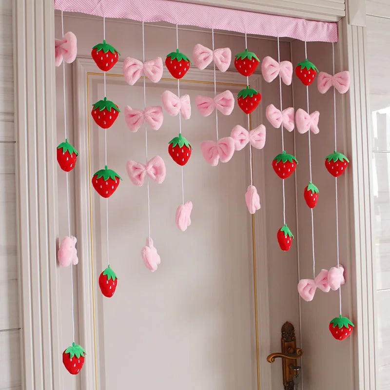 Pink Kawaii Doorway Curtains Plush Strawberry Ball Door Curtain Pendant Melody Bedroom Partition Window Valance Decor Christmas