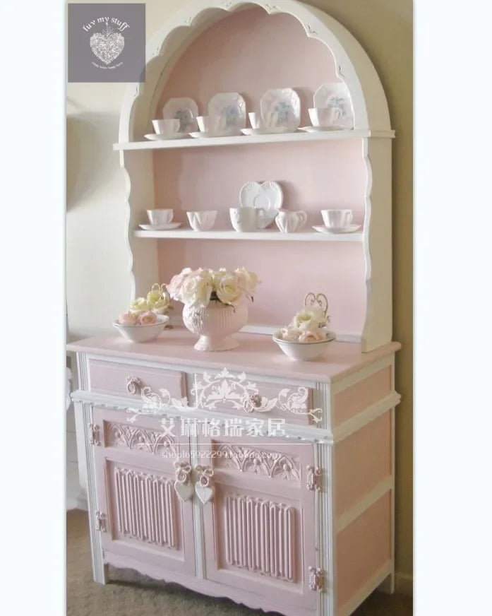 French Solid Wood Carving Flower Bookcase Dining Side Pink Princess Cabinet