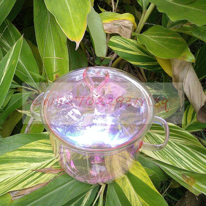 Pink Flower Instant Noodles Glass Pot Can Be Heated Soup Pot Double Ears Salad Bowl Covered with a Large Capacity Bowl