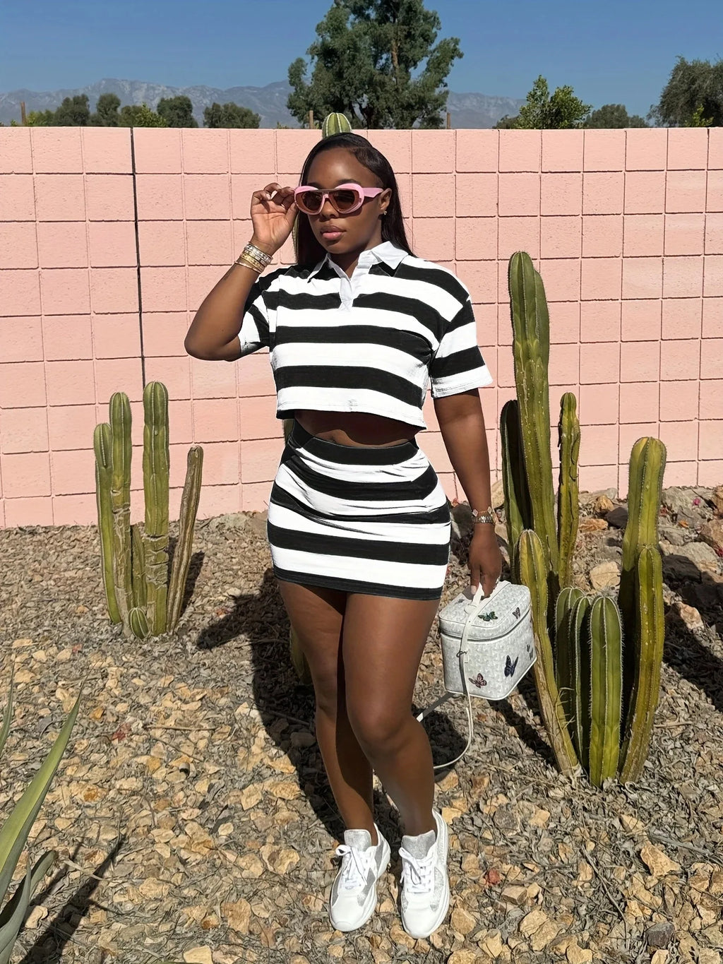 Striped Print Two Piece Set Women Casual Lapel Short Sleeved Polo Tshirt Skirt Two Piece Set Women