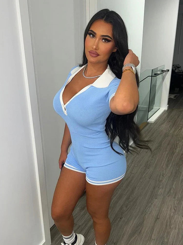Women Romper Single-Breasted Polo Neck Shorts Sleeve Summer Simple Streetwear Sporty Activity Fitness Playsuit