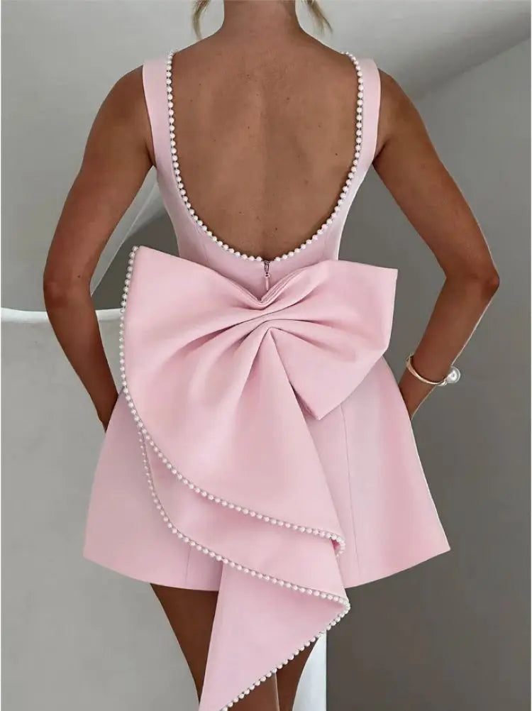 Elegant Pearl Bow Backless Sexy Mini Dress Women's Luxury Party Short Dresses
