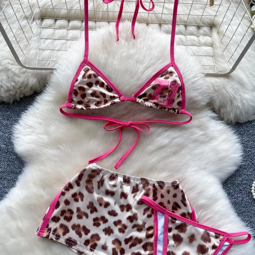 Leopard Bikini Hotsweet Three Piece Set Halter Bra+Slim Shorts+Mini Briefs Women Lace-Up Backless Sexy Suits