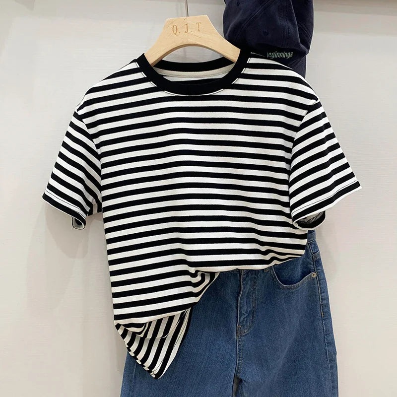 Summer Short Sleeve Striped T-Shirts Versatile Women Knitted Basic Casual Tops Female Cozy Loose Cotton Tees