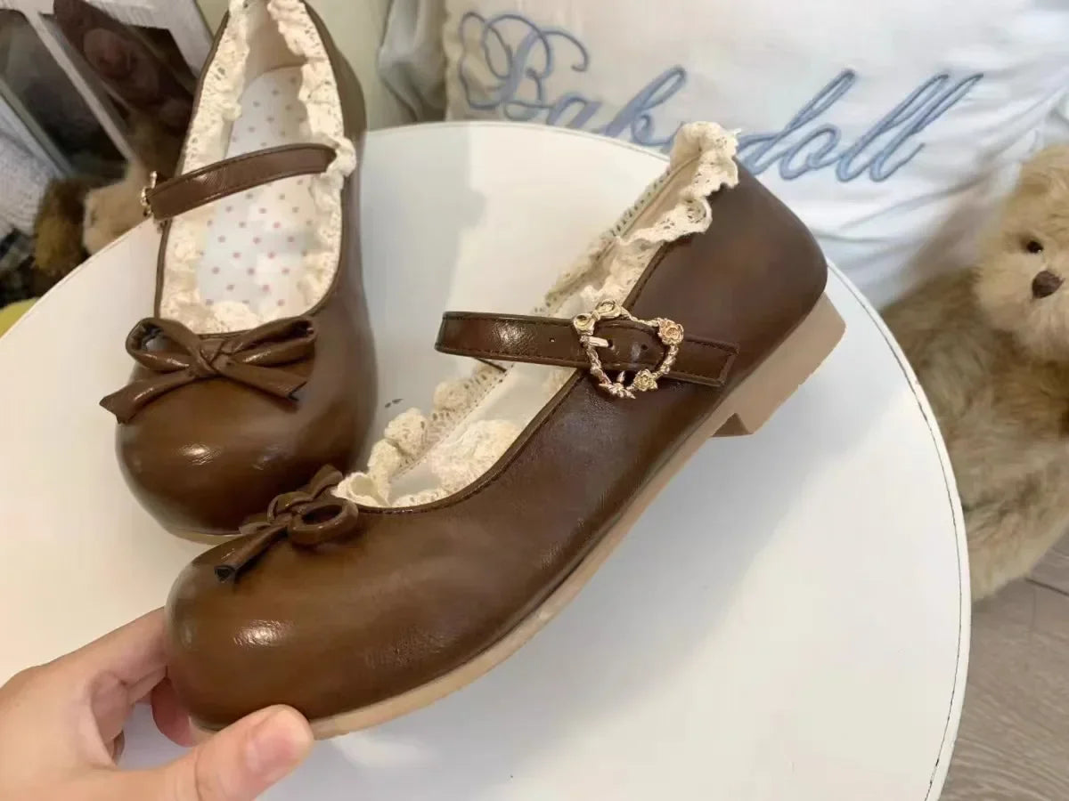 Original Lolita Flat Shoes with Butterfly Knot Soft Bottom Round Head Single Lined Women's High Heel