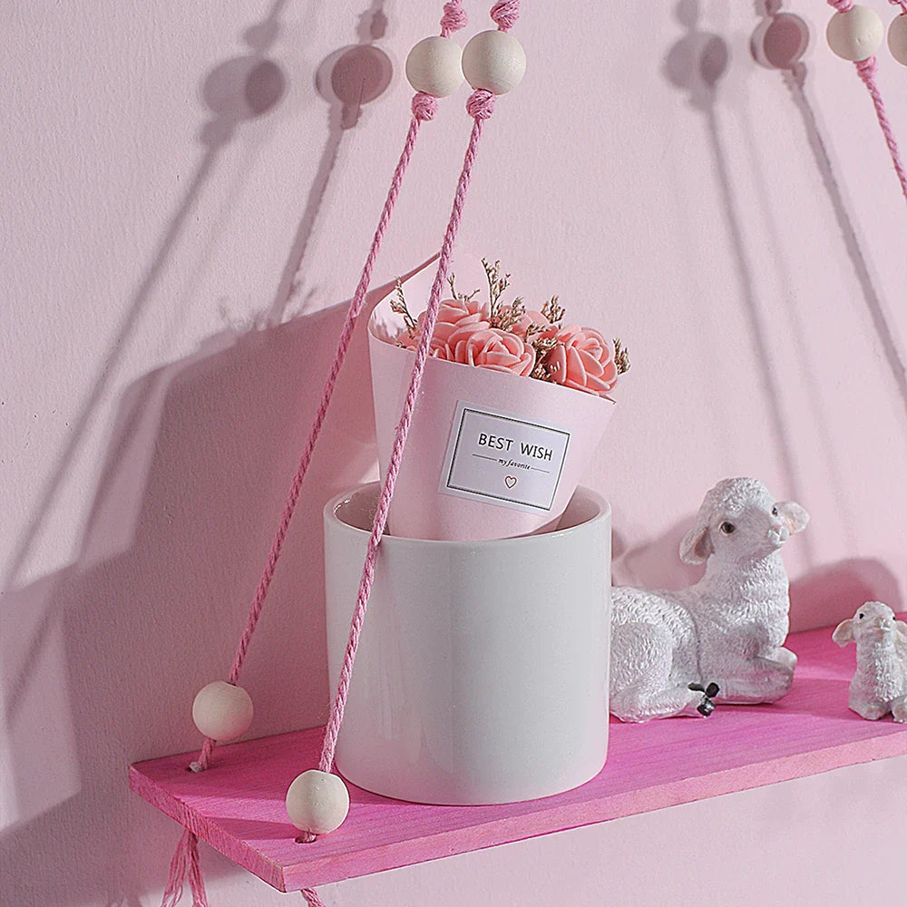 Pink 1/2-tier Hemp Rope Wooden Plant Flower Pot Tray Display Stand Storage Rack Wall Shelves Floating Wall Shelf Home Decoration