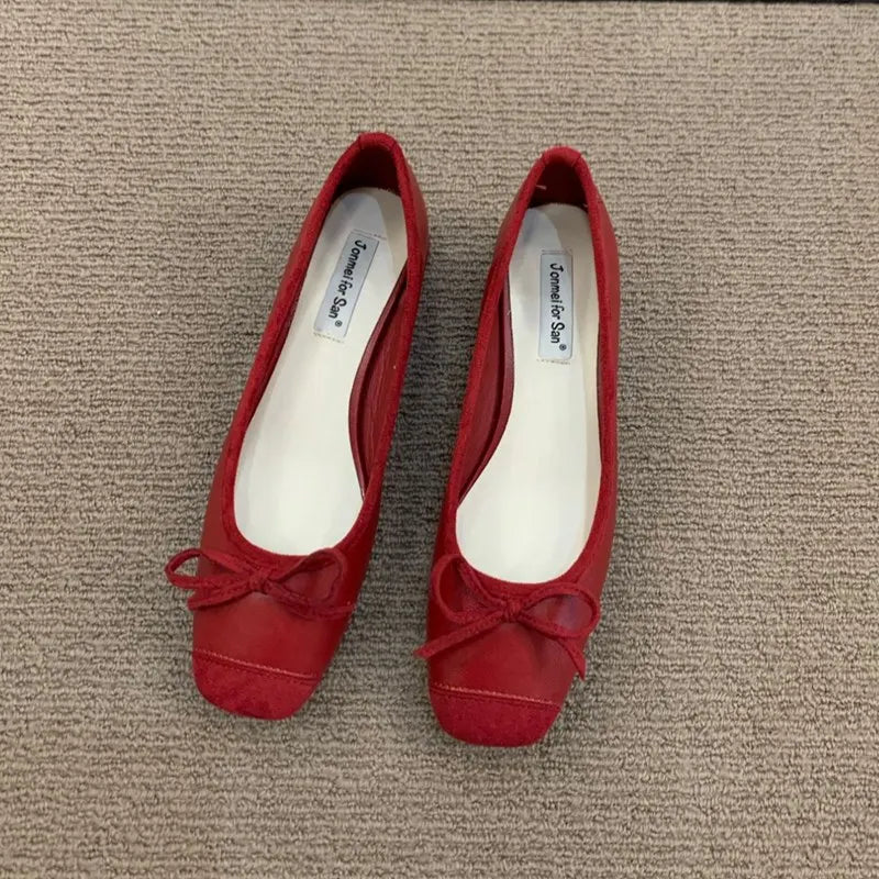 Fashion Elegant Red Ballerinas Women Pumps Slip on Loafers Round Toe Square Heels Bowknot Low Heel Shoes