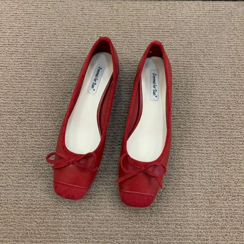 Fashion Elegant Red Ballerinas Women Pumps Slip on Loafers Round Toe Square Heels Bowknot Low Heel Shoes