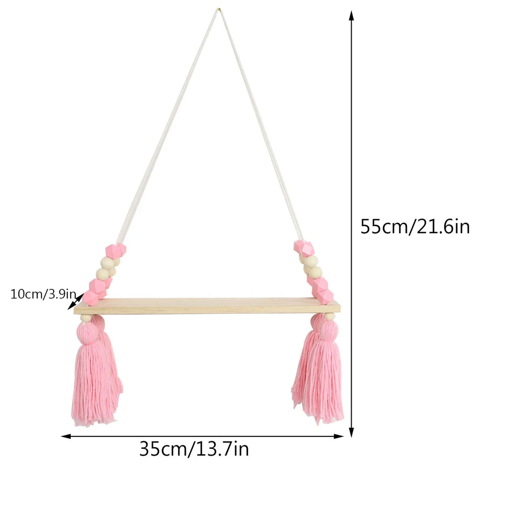 Macrame Wall Hanging Shelf Boho Pink Wooden Display Floating Shelves Wall Decor Bedroom