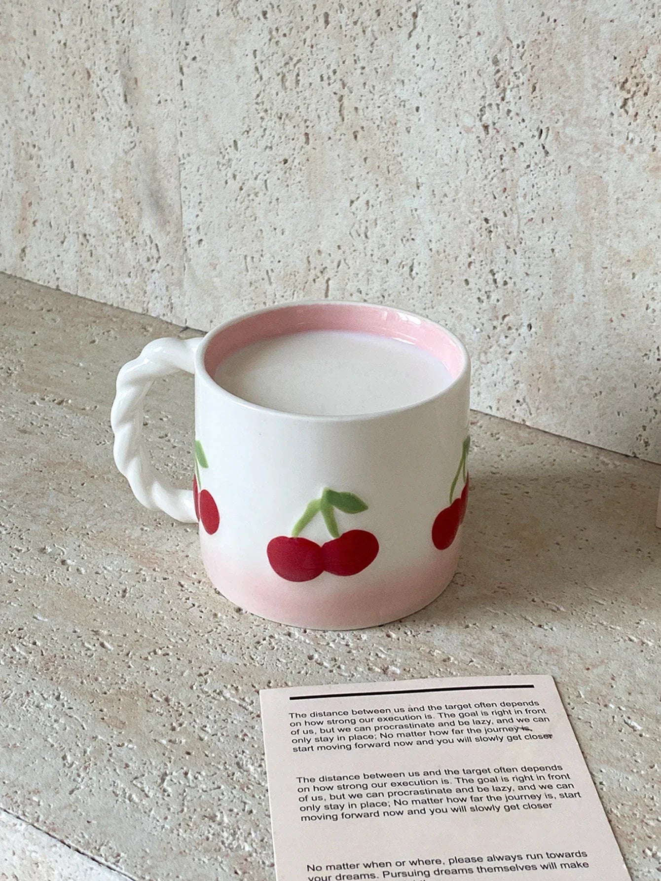 Pink Cherry Ceramic Mug, Twist Handle Ceramic Exquisite Pink Gradient Cup