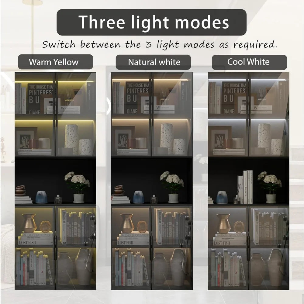 Glass Doors Display Cabinet with Lights and Shelves, Storage Cabinets Morden Bookcase Trophy Case Display Cabinet with Hutch for
