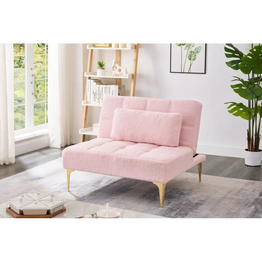 Pink Teddy Convertible Single Sofa Bed Futon With Gold Metal Legs Teddy Fabric