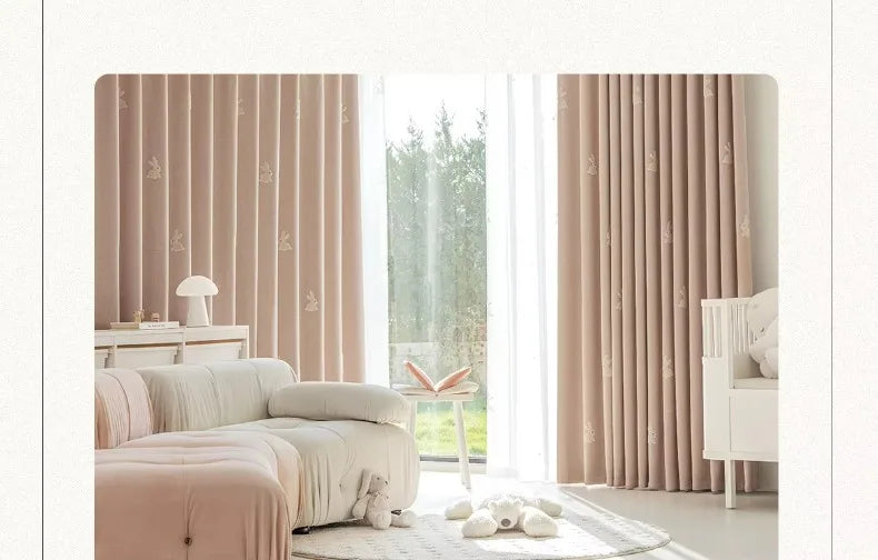 Pink Cartoon 3D Embroidered Rabbit Blackout Curtains for Living Room Bedroom Girls Room Sticky Chenille Drapes Home Decor