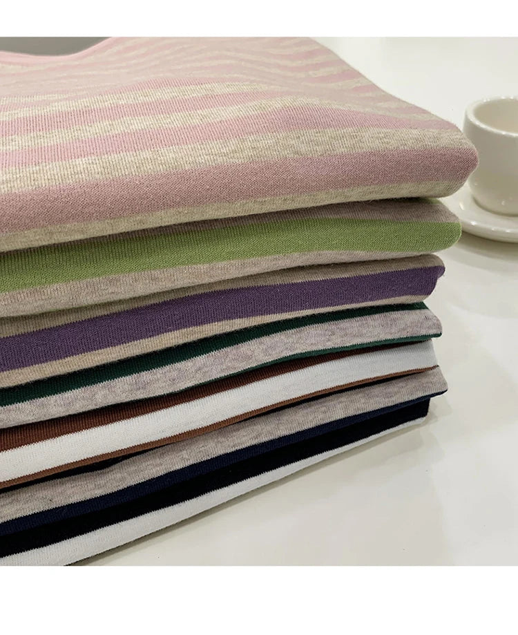 Summer Short Sleeve Striped T-Shirts Versatile Women Knitted Basic Casual Tops Female Cozy Loose Cotton Tees