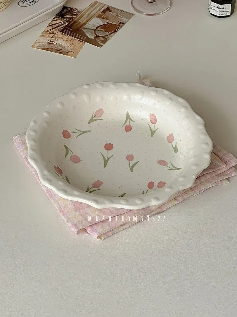 Tulip Wave Bead Point Plate, French Vintage Lace Underglaze Delicate  Dinner Entree Plate