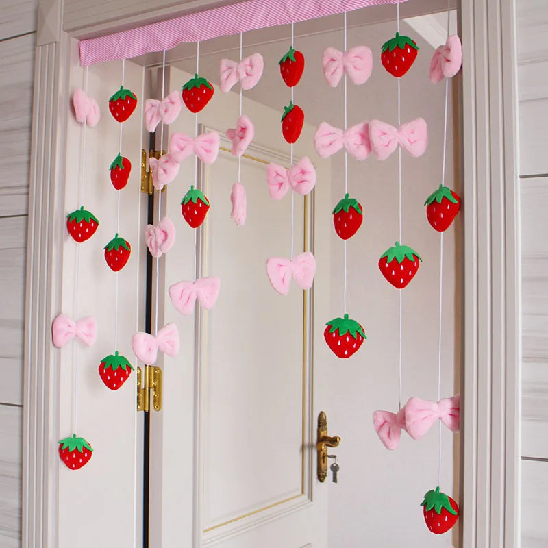 Pink Kawaii Doorway Curtains Plush Strawberry Ball Door Curtain Pendant Melody Bedroom Partition Window Valance Decor Christmas