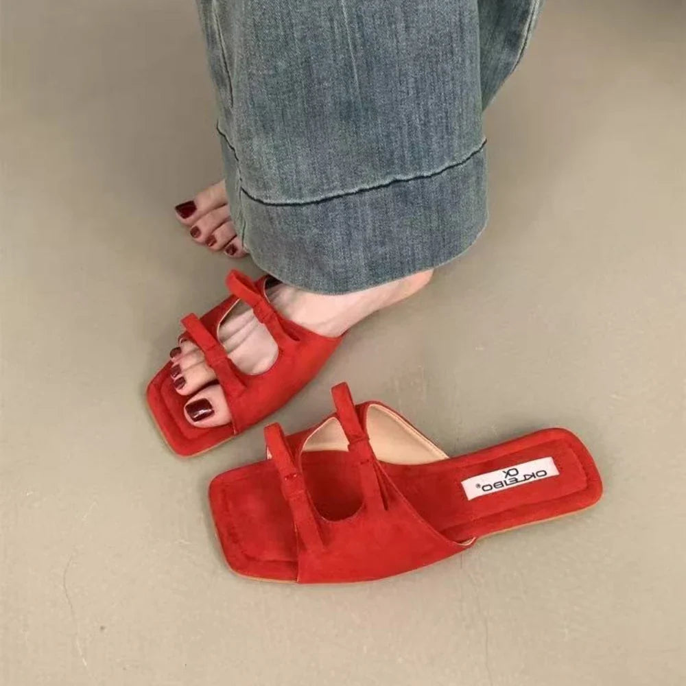 Fashion Butterfly-Knot Ladies Flats Slippers Square Toe Summer Slides Slippers Sandals Shoes For Women